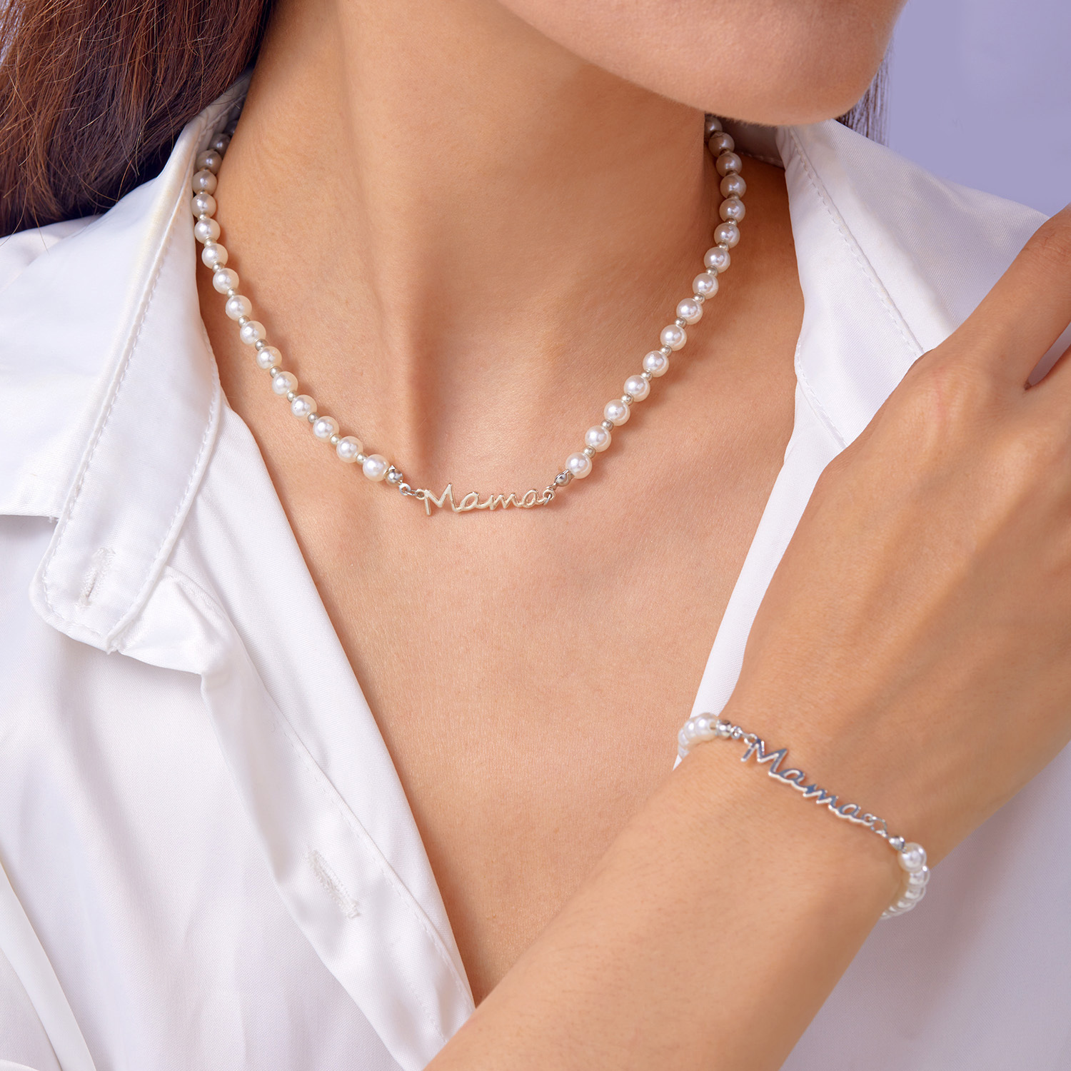 French Retro Style Letter Mama Pearl Bracelet Necklace