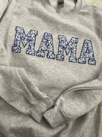 Mama Embroidered Blue Floral Applique Sweatshirt