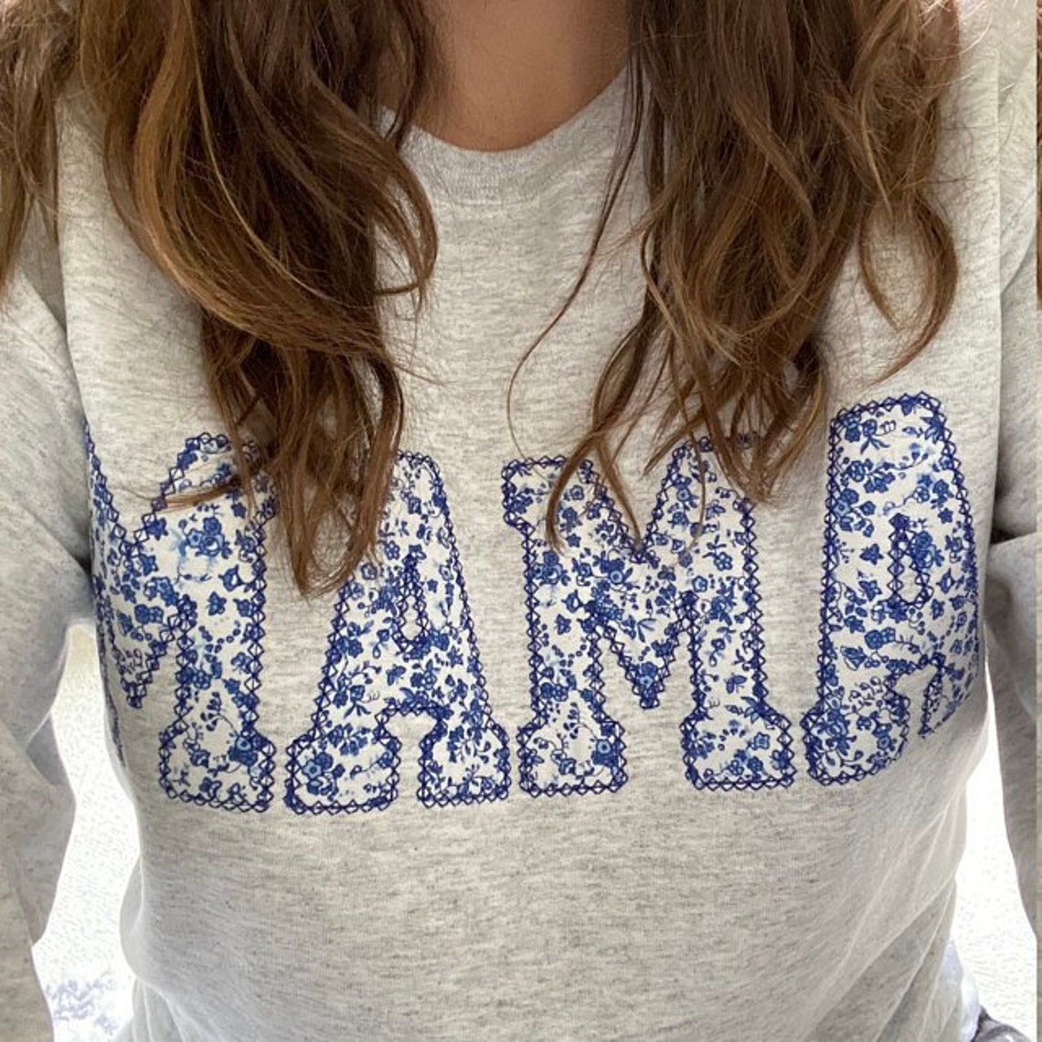 Mama Embroidered Blue Floral Applique Sweatshirt