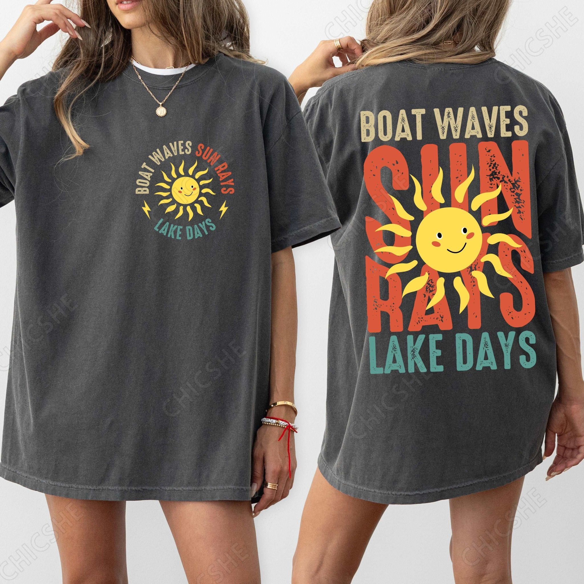 Boat Waves Sun Rays Lake Days Beach T-Shirt