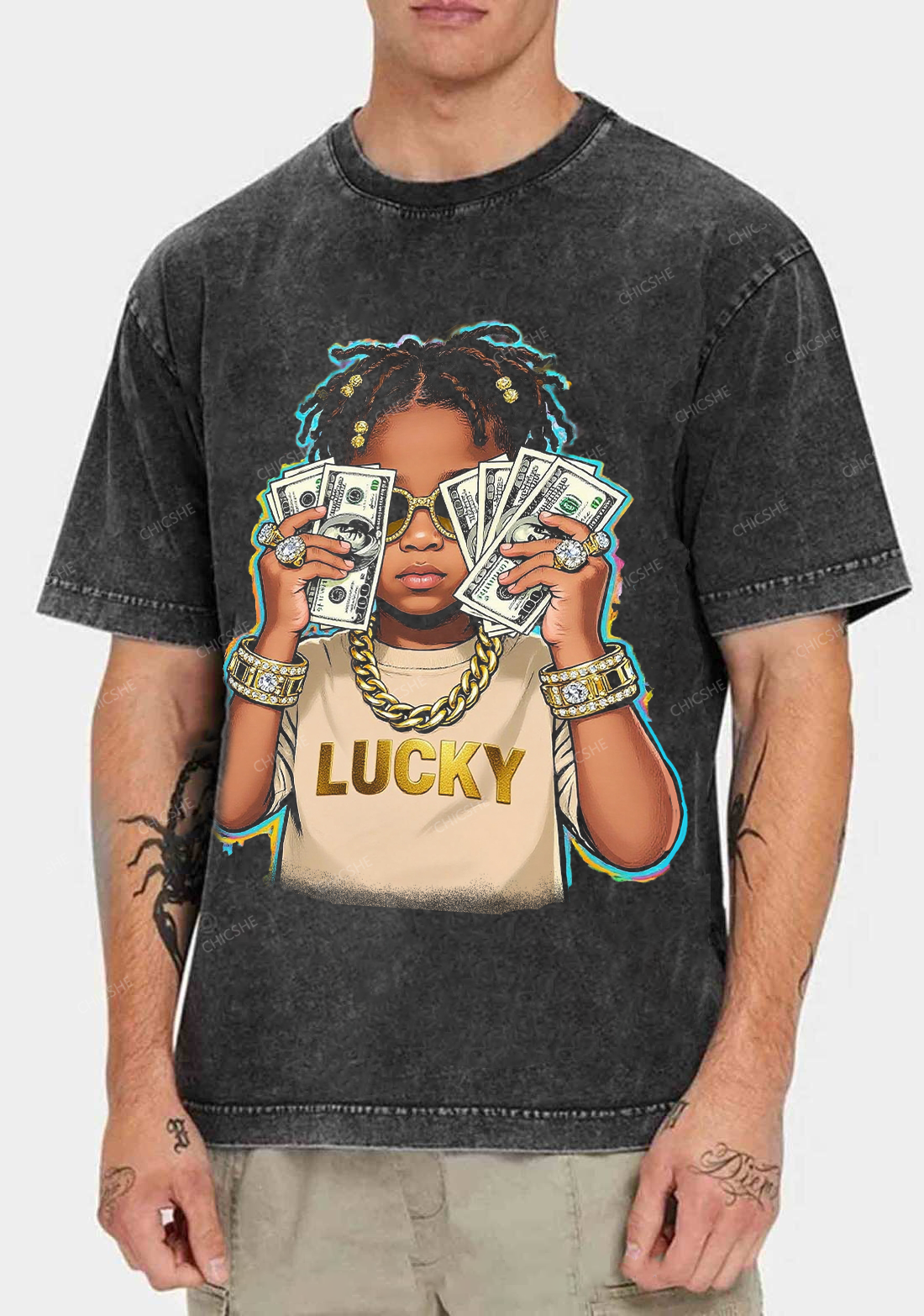 Chicshe Rich Boy Print Y2K Shirts Washed Tee