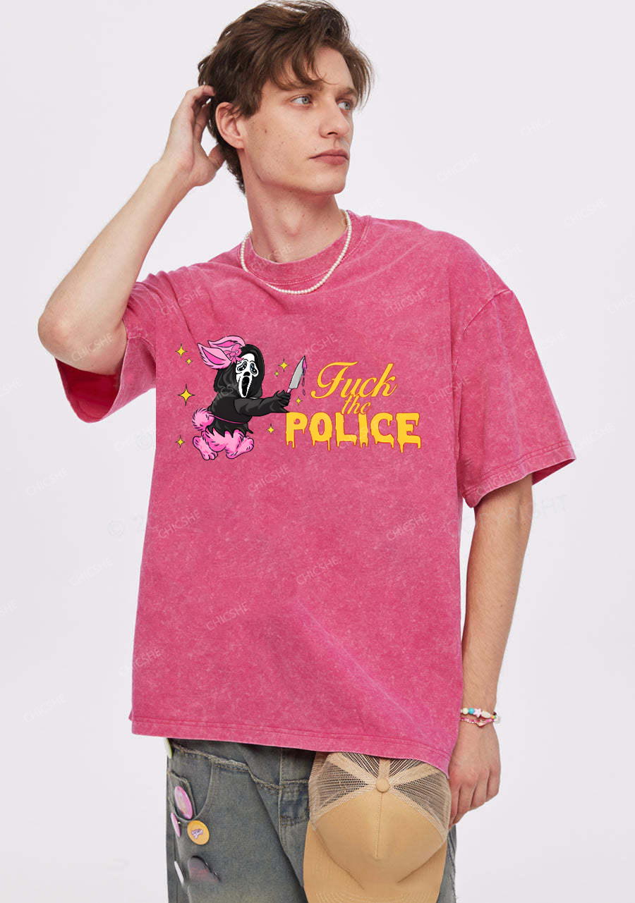 Halloween Fuck The Police Stay Trashy Print Y2K Shirts Washed Tee Chicshe