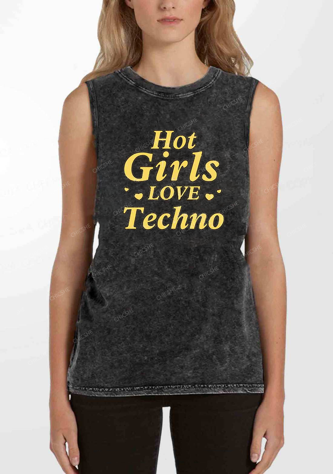 Hot Girls Love Techno Y2K Washed Tank Chicshe