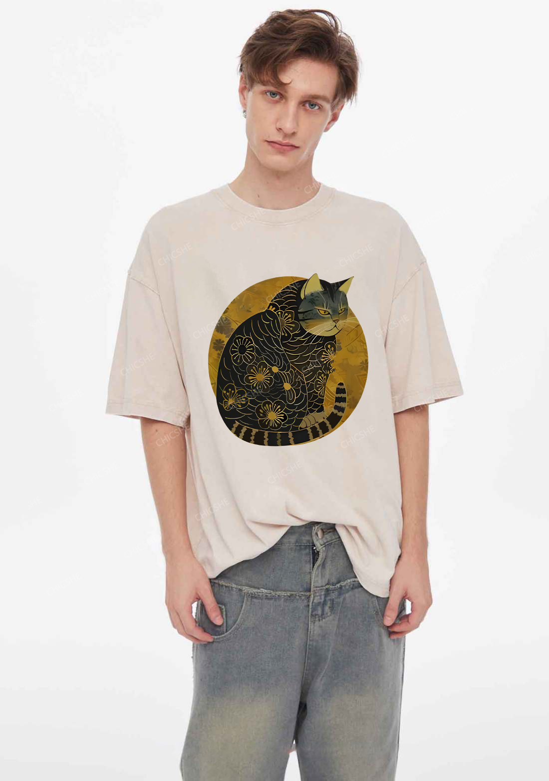 Chicshe Tokyo-Tiger Japanese Retro Cat Shirts Washed Tee