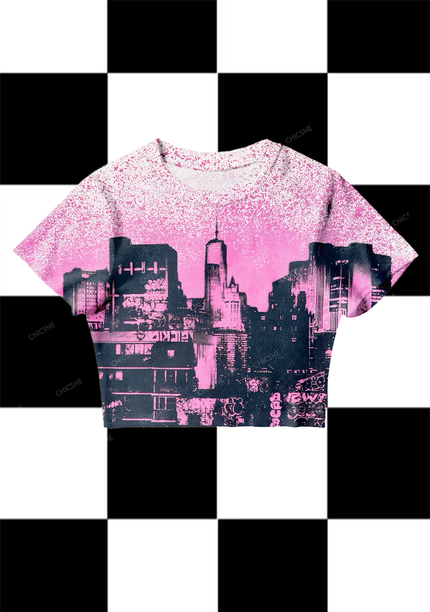 Chicshe Pink City Print Y2K Mesh Crop Top 
