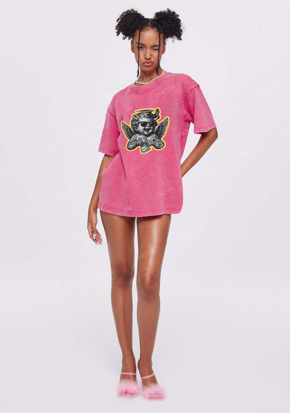 Chicshe Angel Print  Shirts Washed Tee