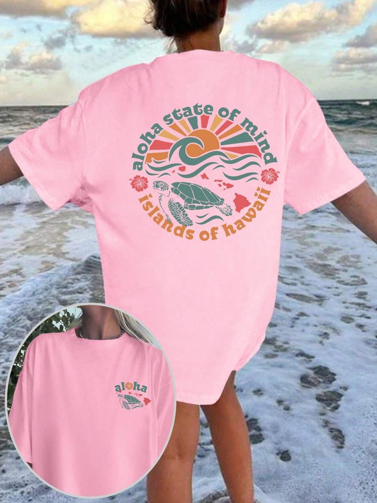 Colorful Turtle and Letter Print T-Shirt Graphic T-Shirt Beach Tee
