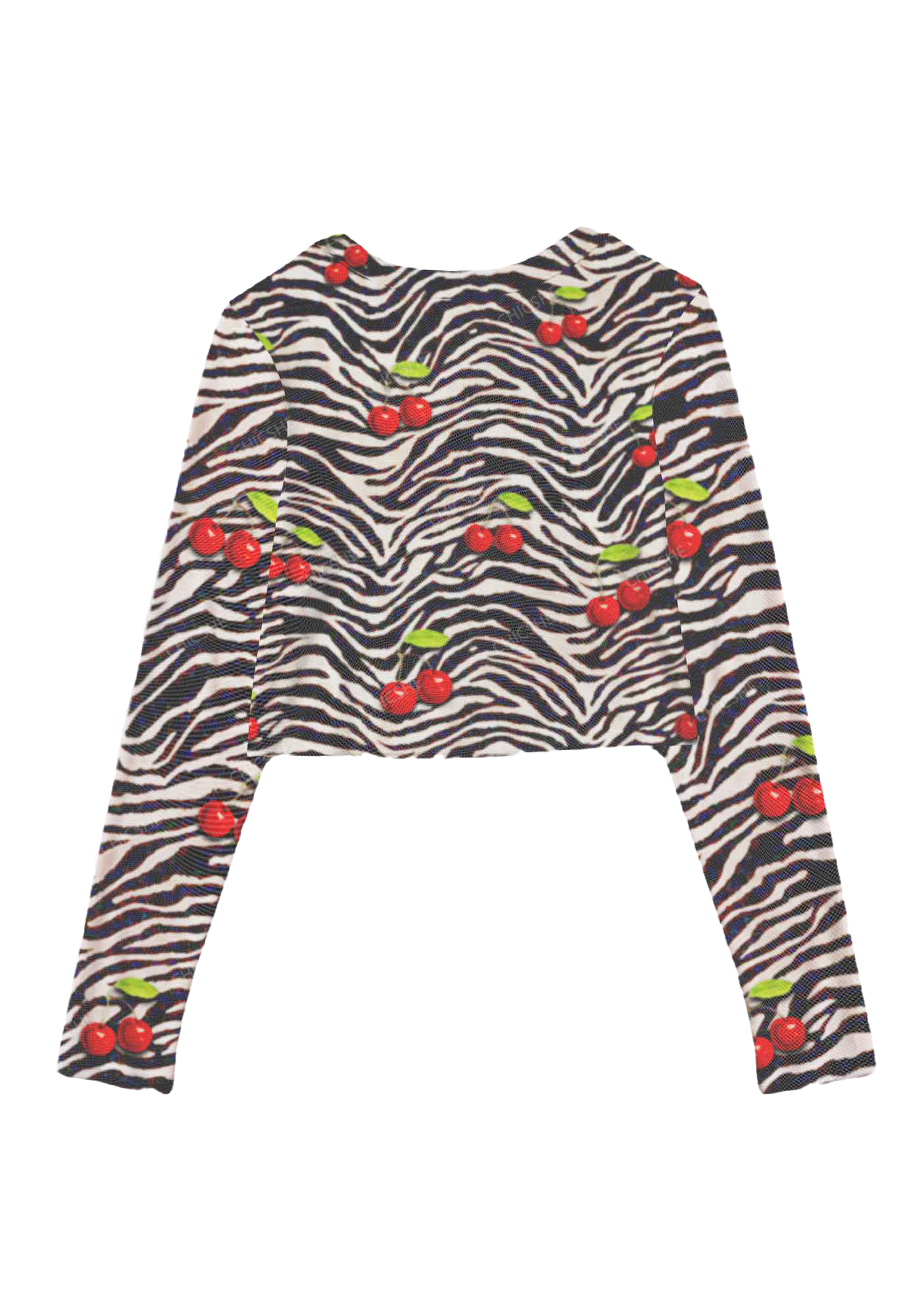 Cherry Zebra Print Y2K Mesh Long Sleeve Crop Top Chicshe 