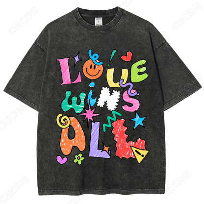 Fun Cartoon Colorful Letter Printed Washed Tee