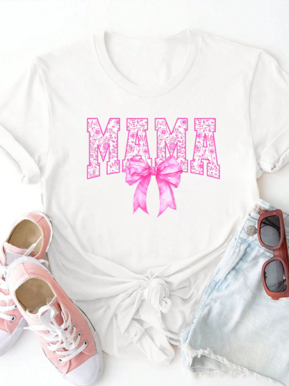 Pink MaMa Letter Bow Print T-shirt