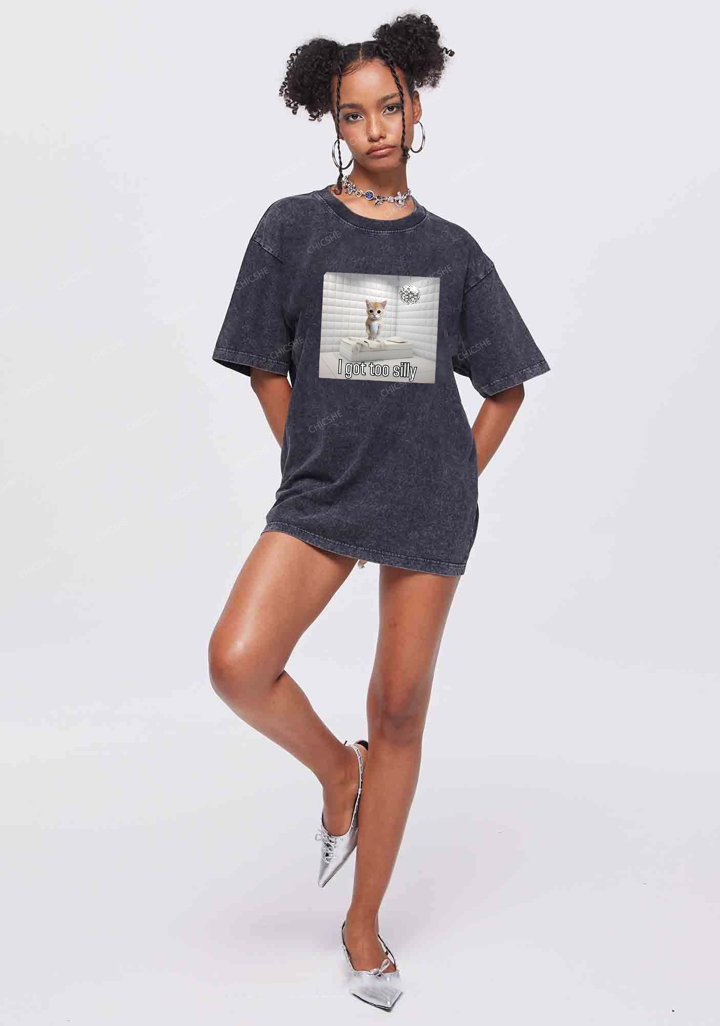 Silly Cat Y2K Washed Tee Chicshe