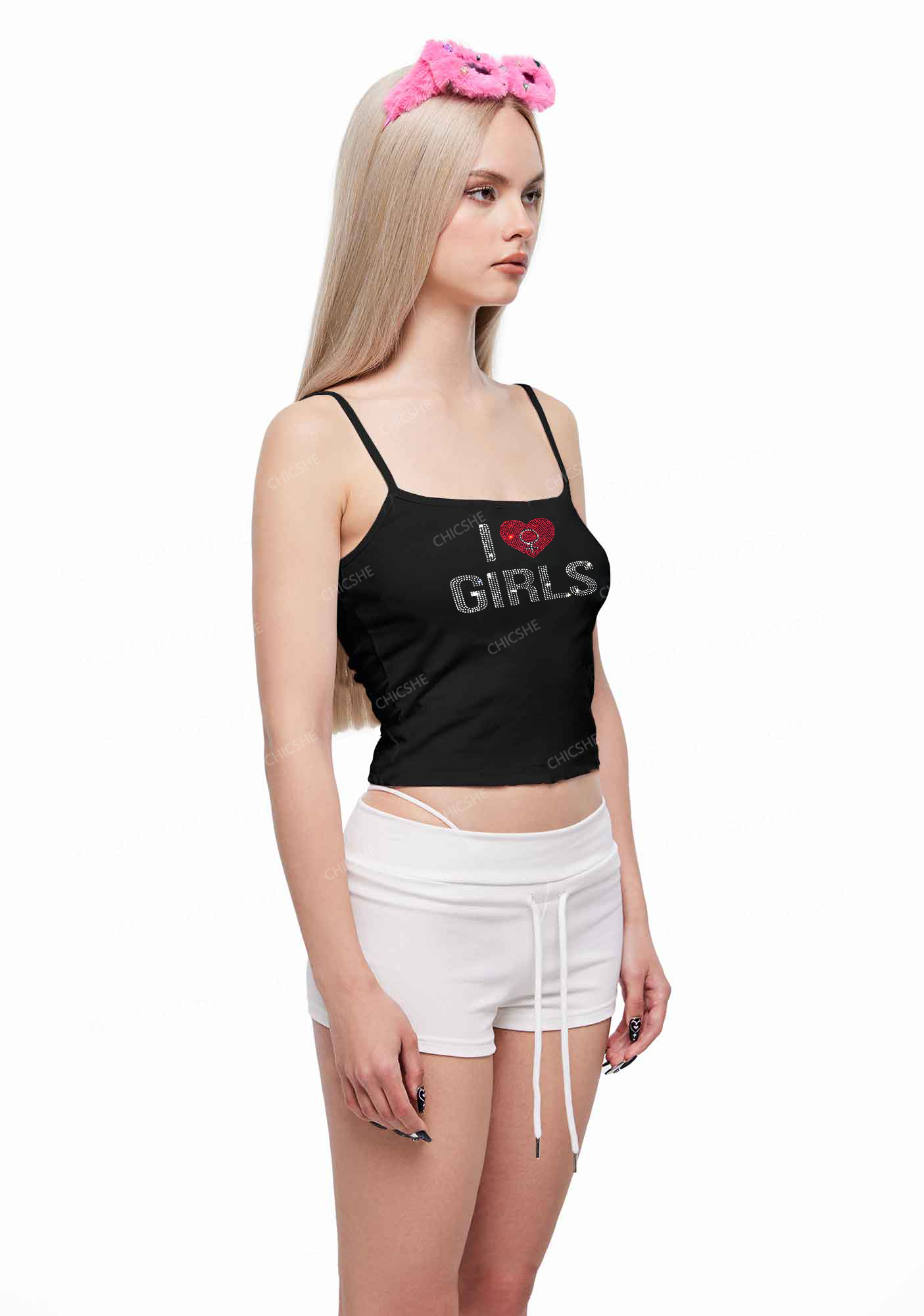 Rhinestone I Love Girls Pride Y2K Spaghetti Strap Cami Chicshe