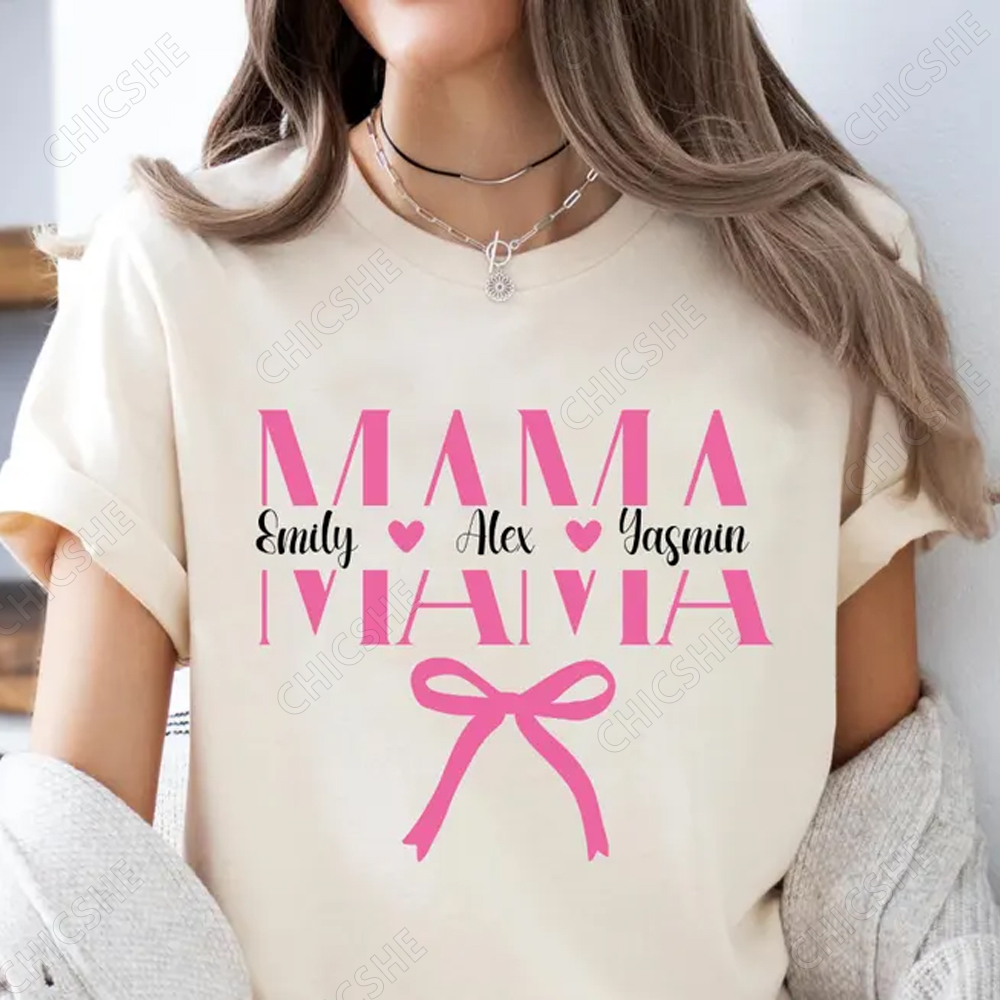 Custom Pink Mama Letter Bow T-shirt