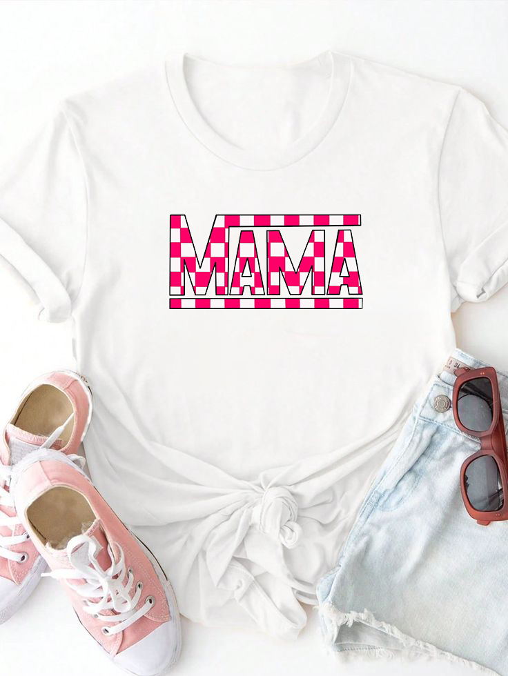 Fun MAMA Letter Plaid Colorblock T-shirt