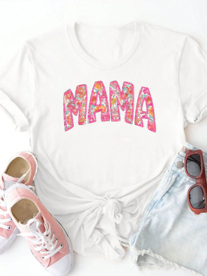 MaMa Flower Letter Print T-shirt