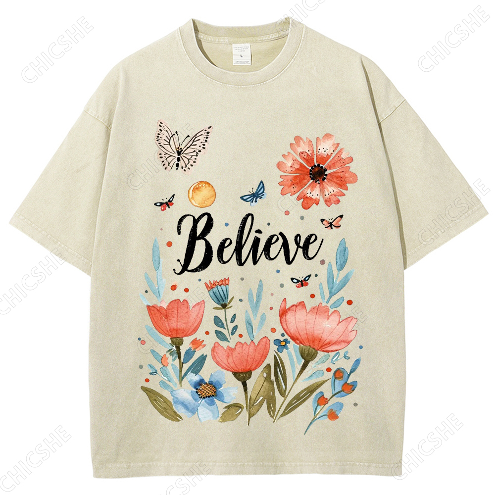 Believe Flower Butterfly Printed Washed Tee