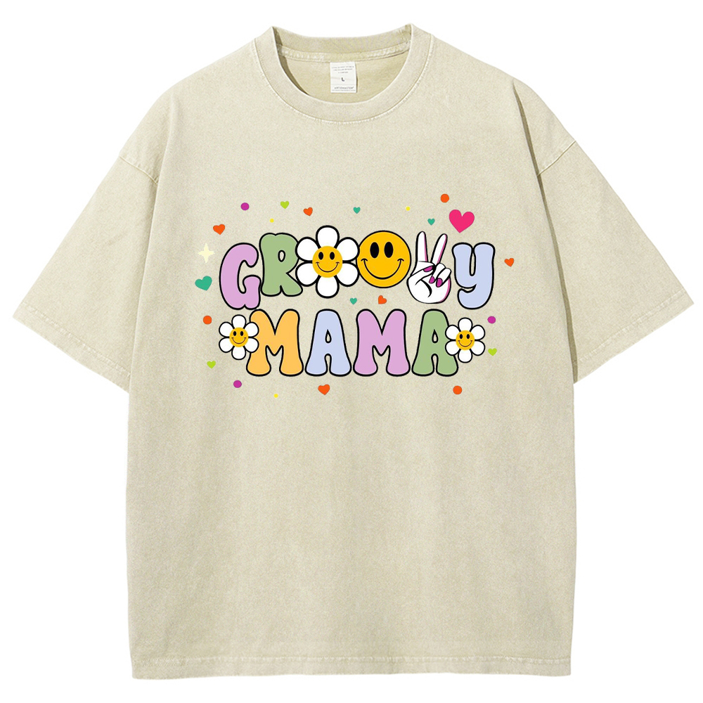 Fun Cartoon Colorful Mama Letter Printed Washed Tee