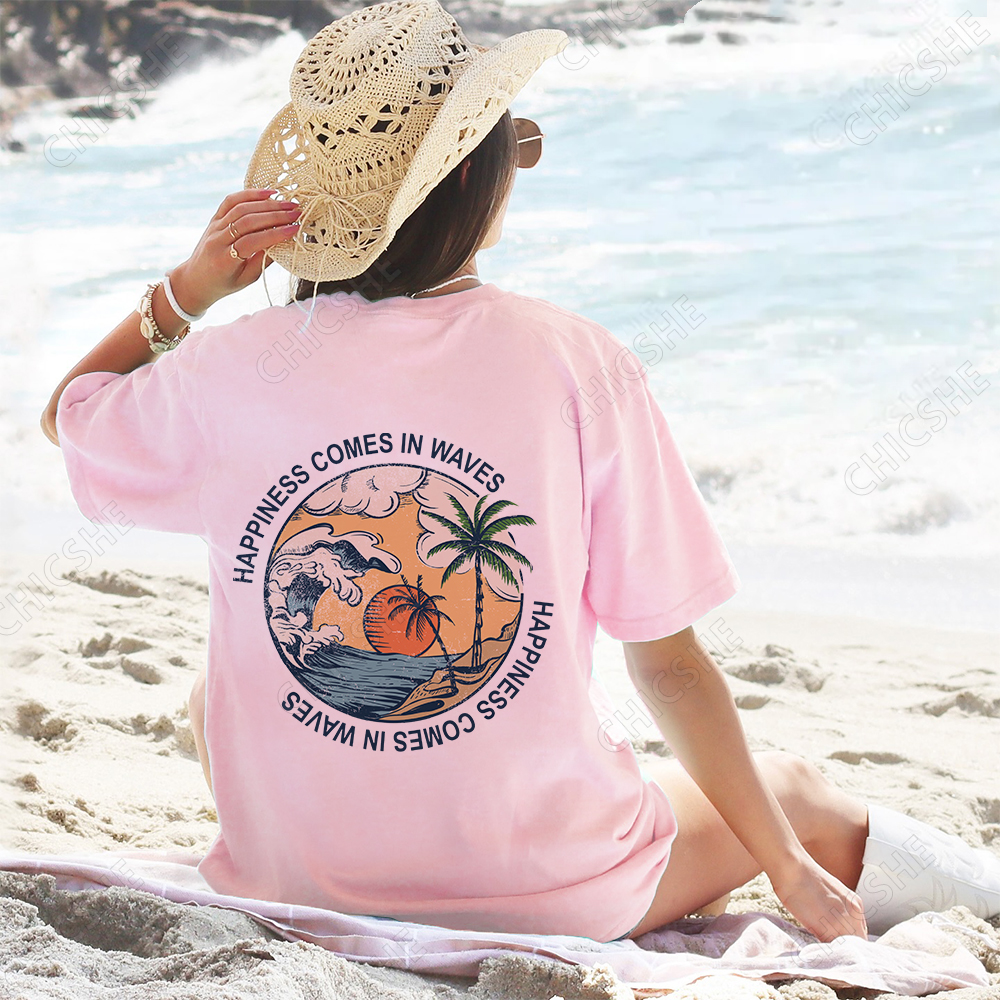Happiness Comes In Waves Beach Back Printed Tee