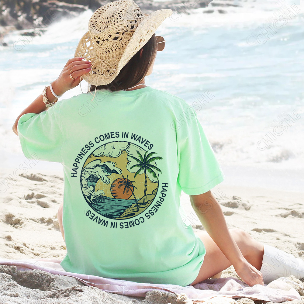 Happiness Comes In Waves Beach Back Printed Tee