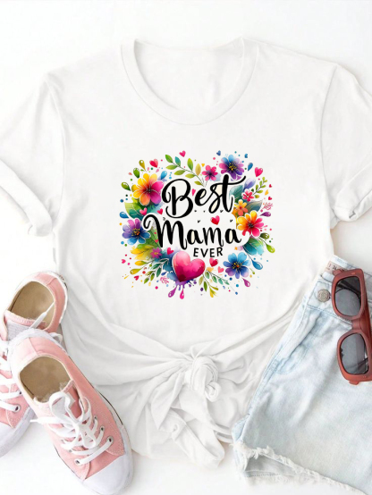 Best MaMa Letter Flower Print T-shirt