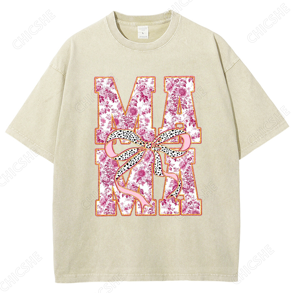 Flower Mama Letter Bow Colorblock Printed Washed Tee