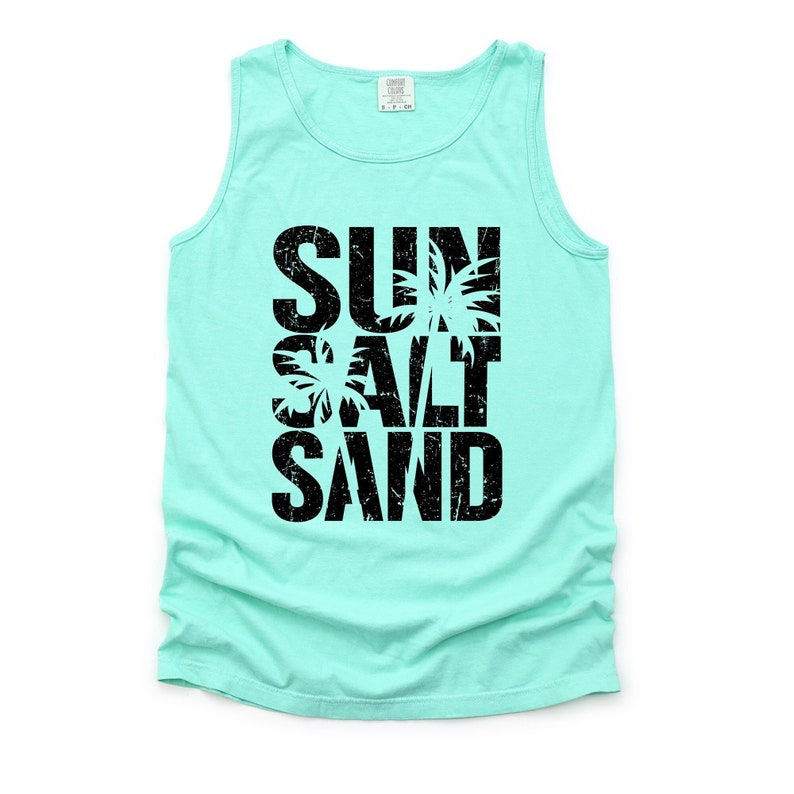 Summer Tank Top, SUN SALT SAND, Cute Beach Tank, Beach Vacation, Palm Trees Design, Garment Dyed Comfort Colors unisex tank top, 3x tank