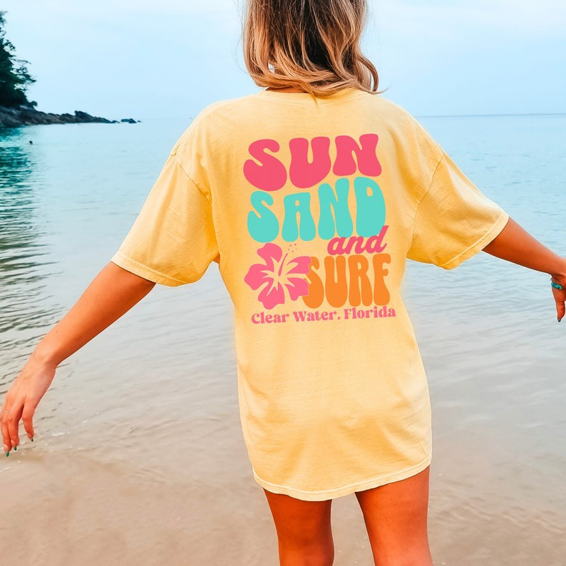 Custom Retro Beach Name T-shirt Girls Beach Trip Shirt Surf Sand Sun T-shirt