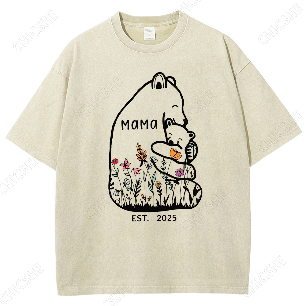 Mama Letter Bear Flower Printed Washed Tee