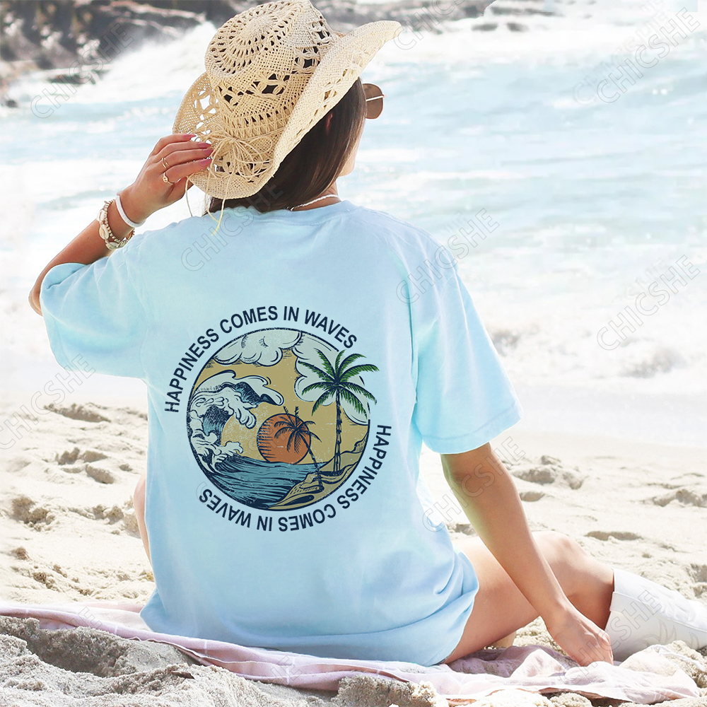 Happiness Comes In Waves Beach Back Printed Tee