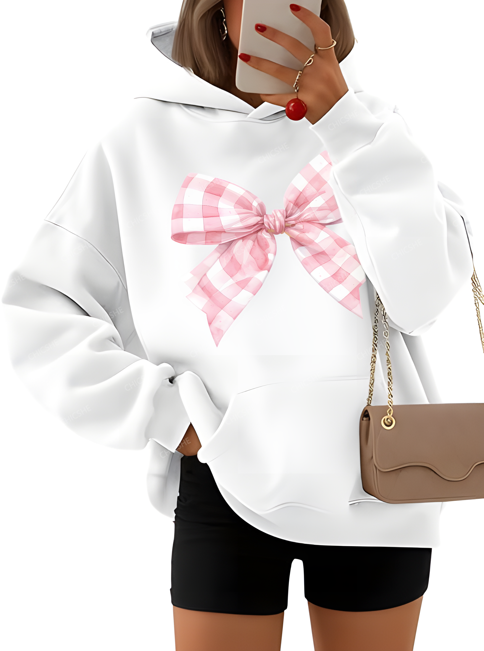 Chicshe Pink Plaid Bow Womens Hoodies Oversized Sweatshirts 