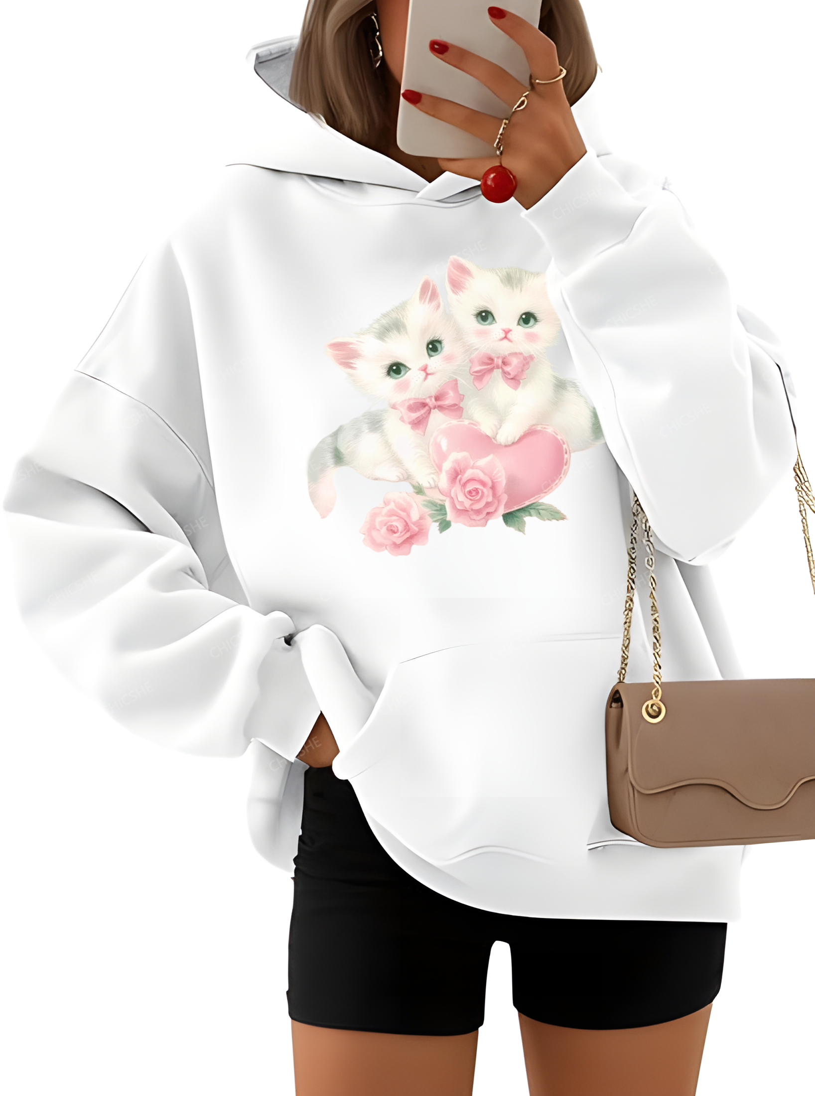 Chicshe Retro Cat Flowers Womens Hoodies Oversized Sweatshirts 