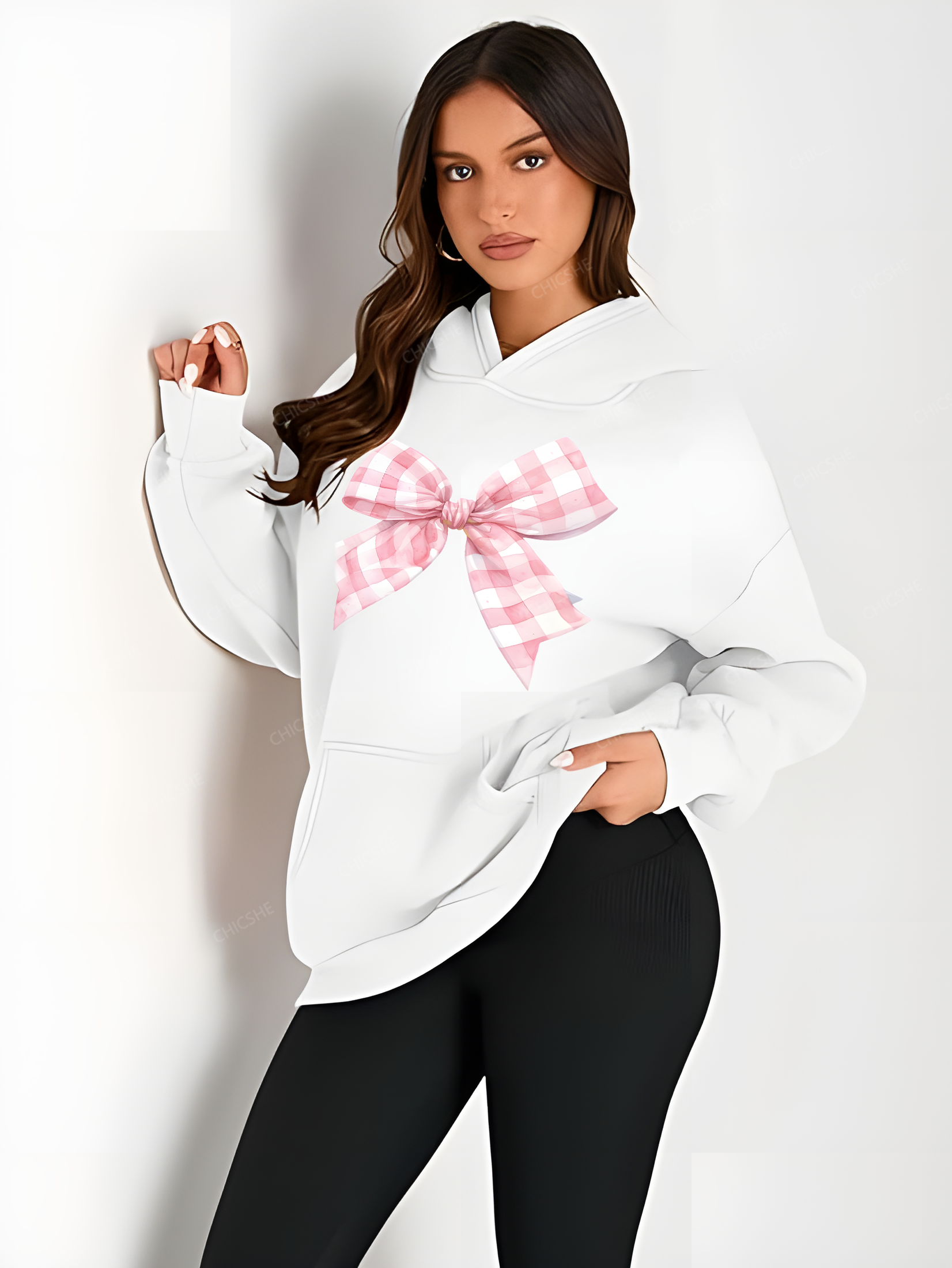 Chicshe Pink Plaid Bow Womens Hoodies Oversized Sweatshirts 