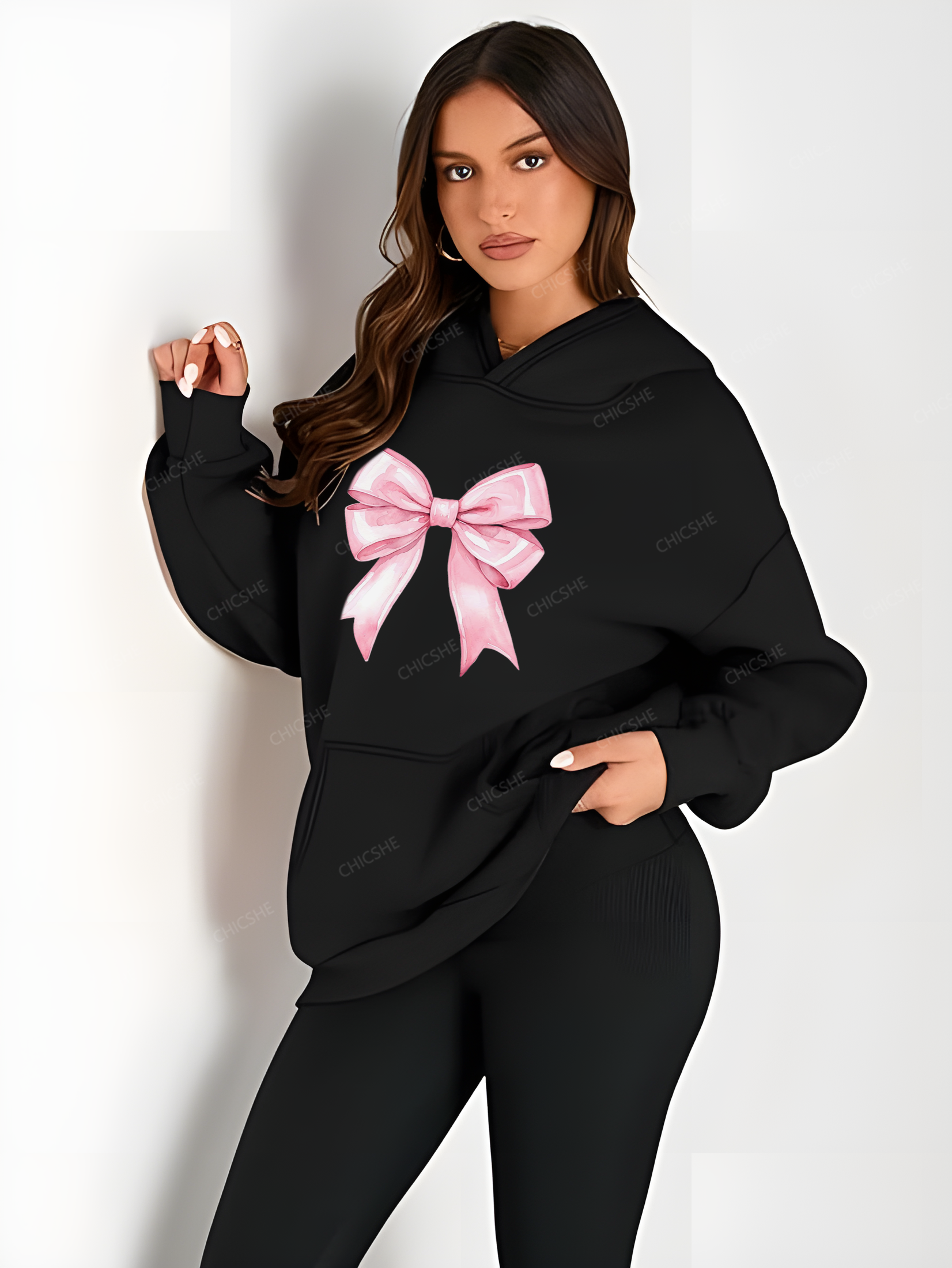 Chicshe Pink Bow Womens Hoodies Oversized Sweatshirts 