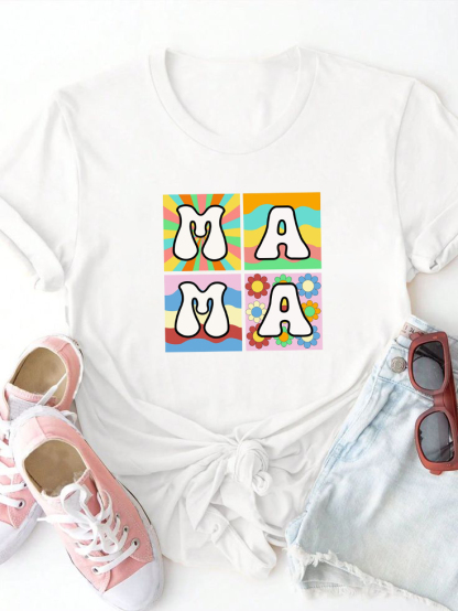 Fun Cartoon MAMA Letter Print T-shirt