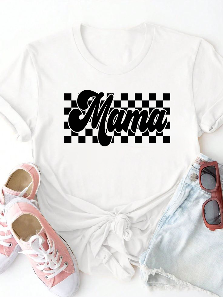 MaMa Letter Black Plaid Print T-shirt