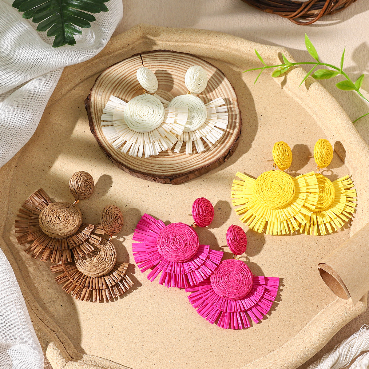 Bohemian Colorful Raffia Rattan Scalloped Earrings