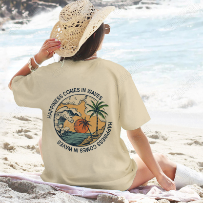 Happiness Comes In Waves Beach Back Printed Tee