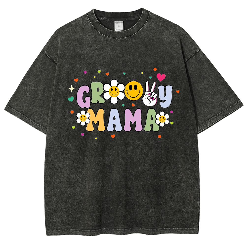 Fun Cartoon Colorful Mama Letter Printed Washed Tee