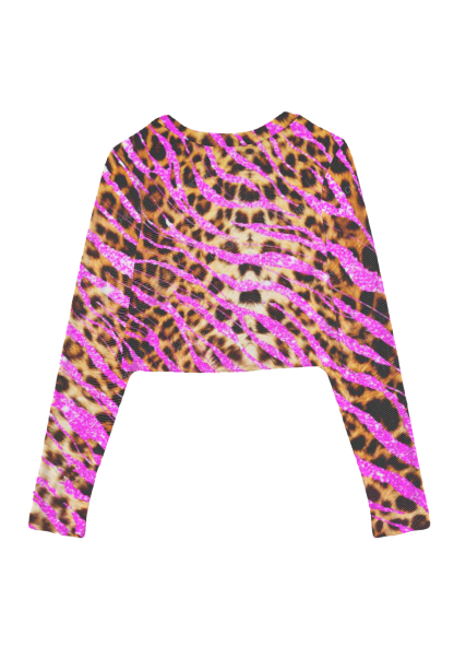 Pink Shiny Leopard Print Y2K Mesh Long Sleeve Crop Top  Chicshe 