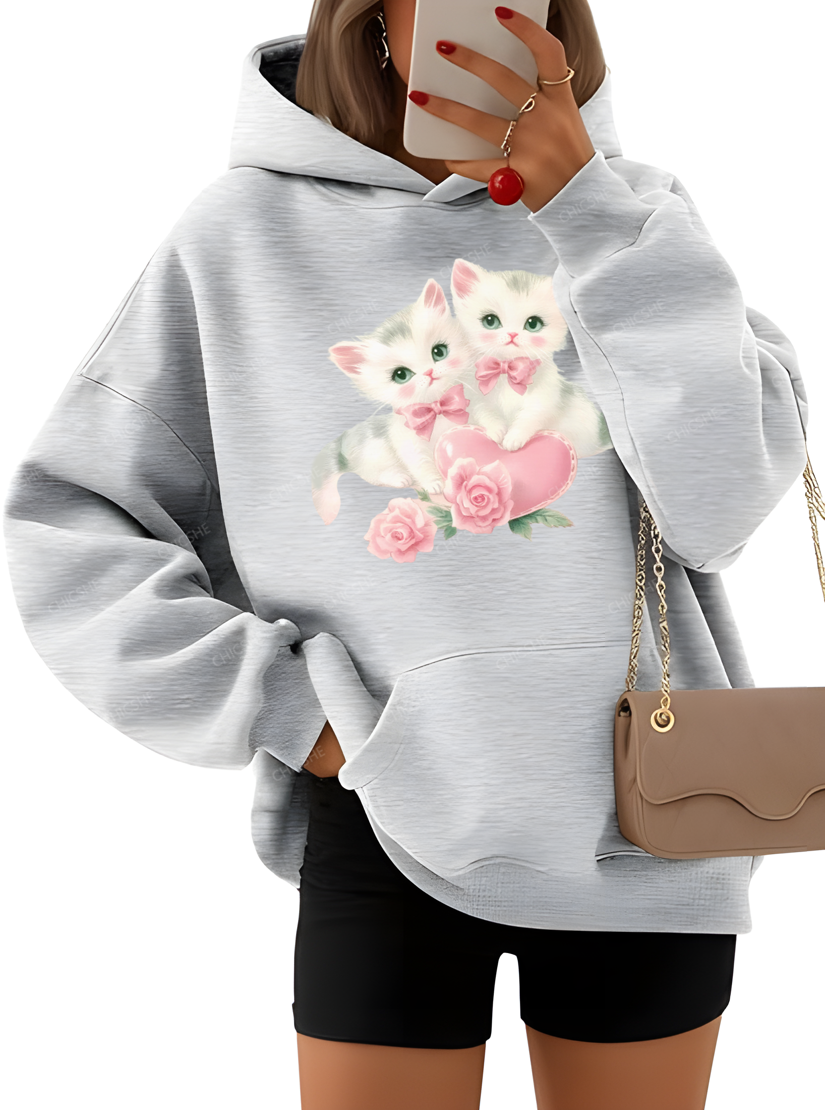 Chicshe Retro Cat Flowers Womens Hoodies Oversized Sweatshirts 