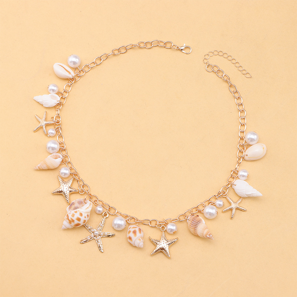 Seaside Imitation Pearl Starfish Conch Pendant Necklace Bracelet