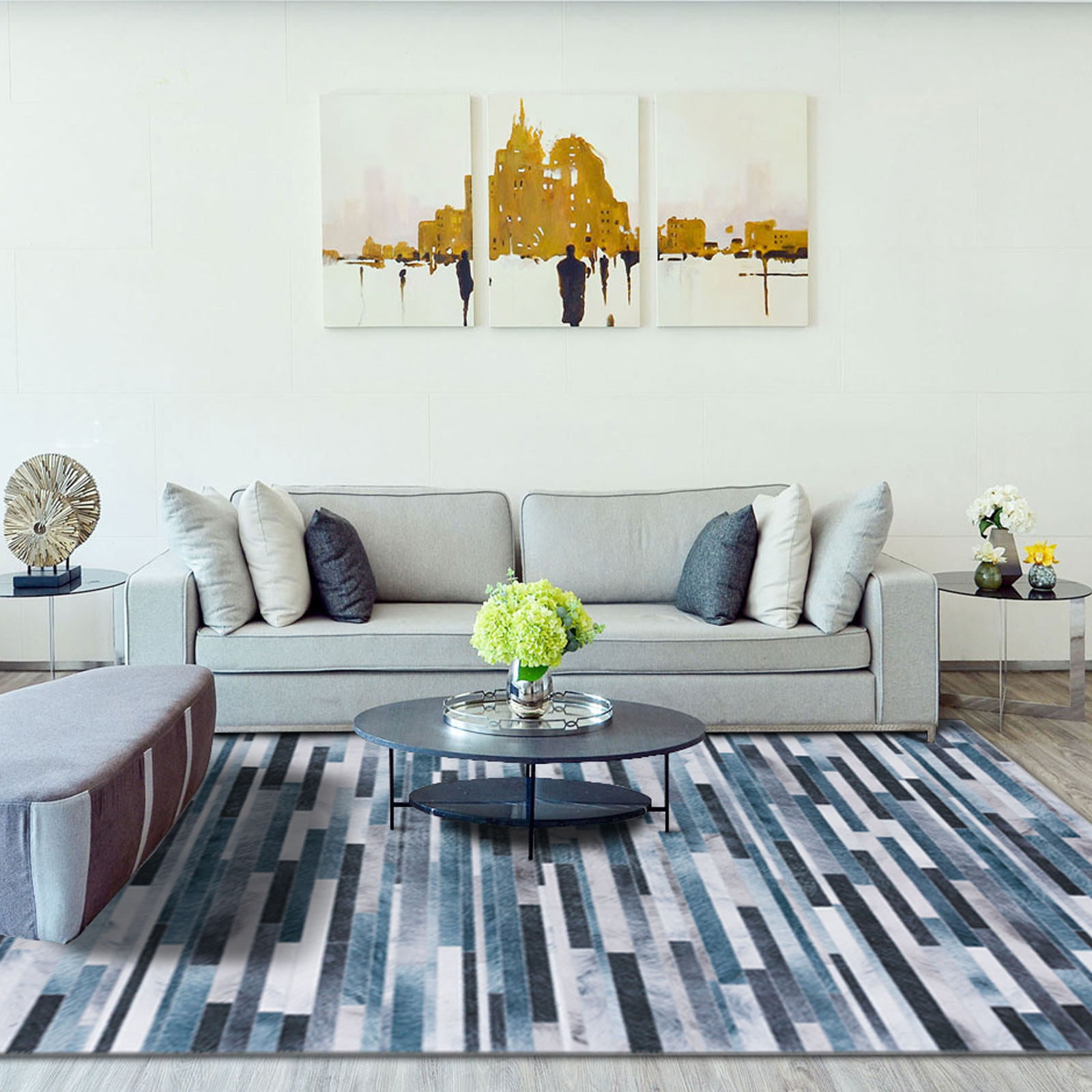  Machine Washable Modern Geometric Faux Cowhide Patchwork Area Rug