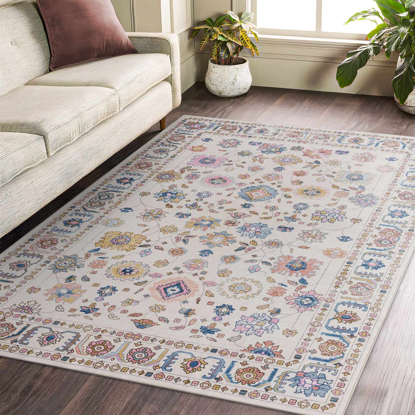 Lenore Traditional Machine Washable Soft Plush Vintage Floral Pattern Foldable Rug Multicolor 