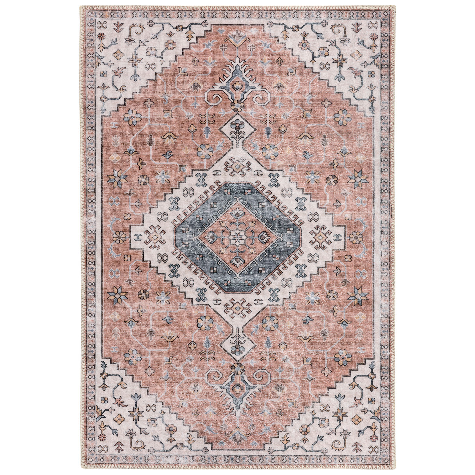 Serein Machine Washable and Foldable Vintage Non-Slip Area Rug Blue/Orange