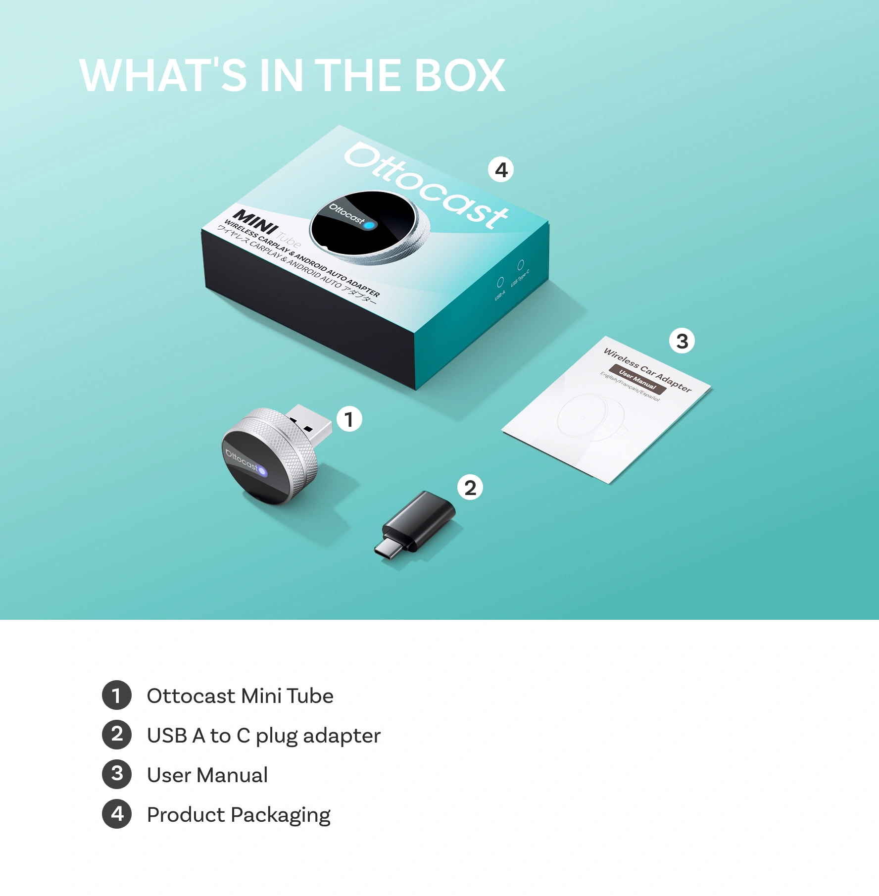 Ottocast Mini Tube Wireless CarPlay/Android Auto Adapter