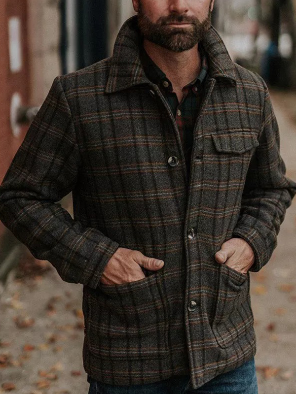 Men's Plaid Print Lapel Long Sleeve Jacket