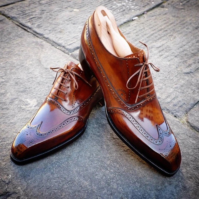 MEN'S HANDMADE WING TIP BROGUE BROWN LEATHER SHOES