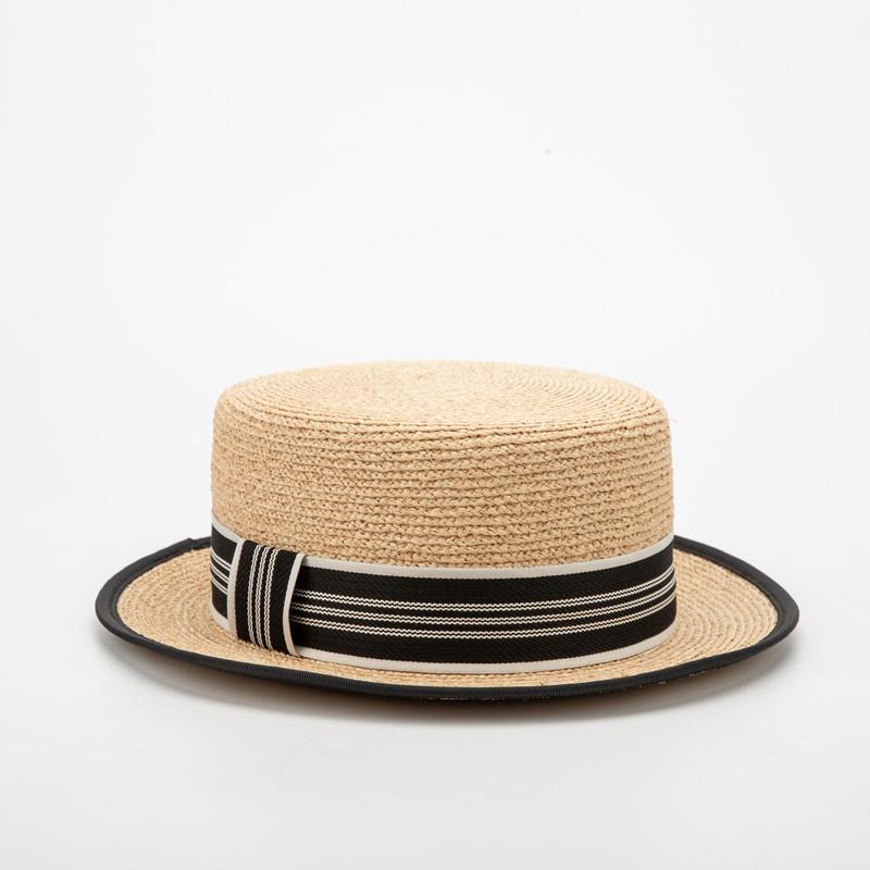 Flat top new style raffia hat with plaid decoration