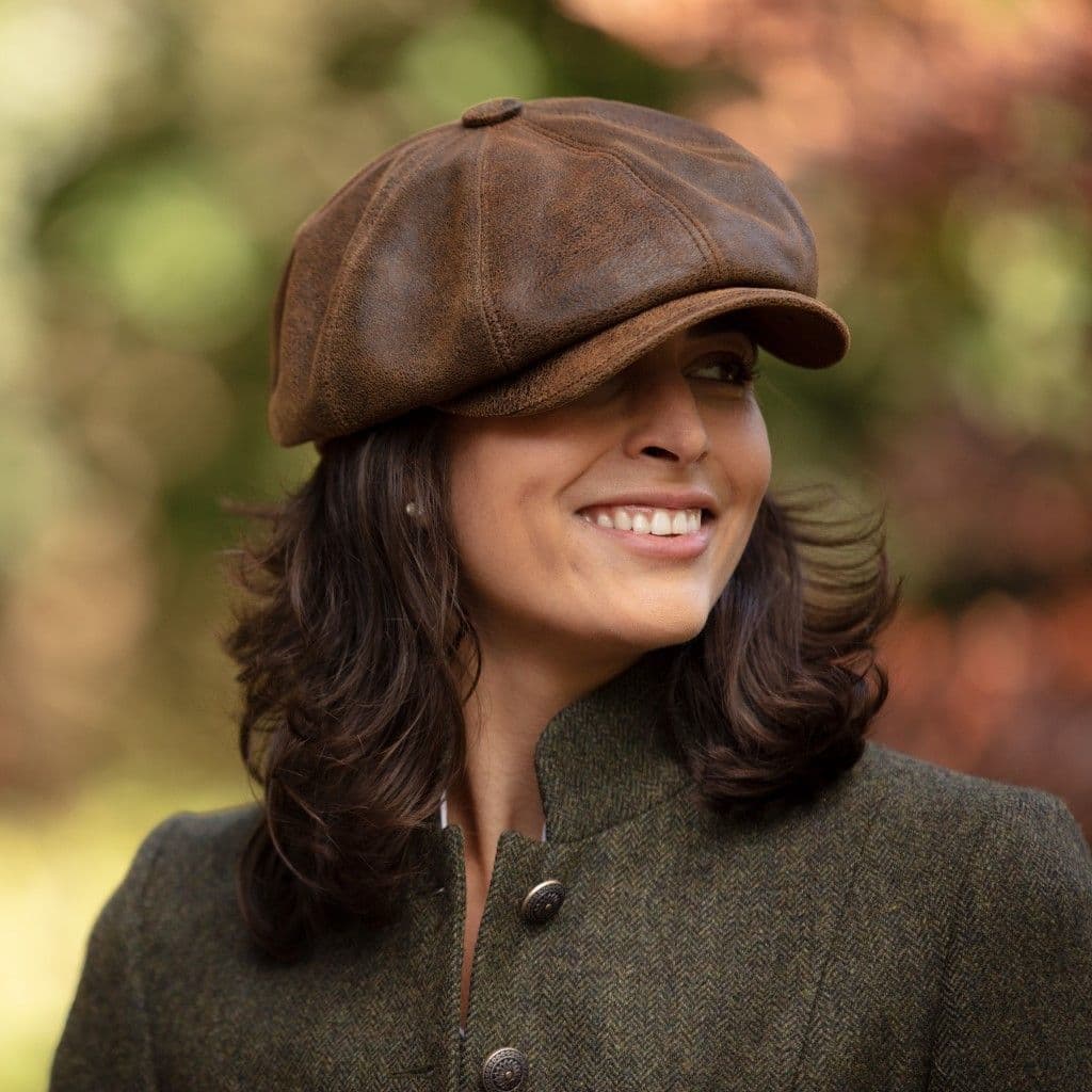 Distressed Leather Newsboy Bakerboy Cap