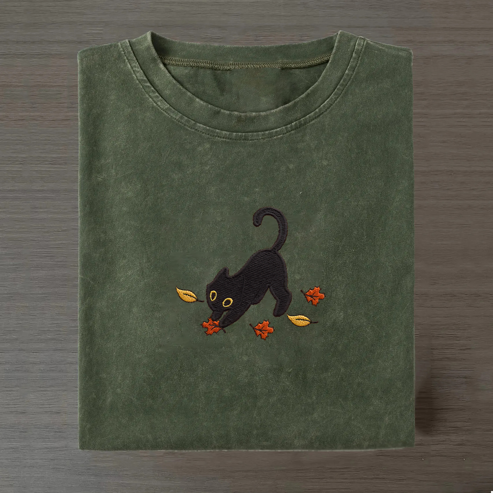 Cat Pouncing Leaves Embroidered T-shirt